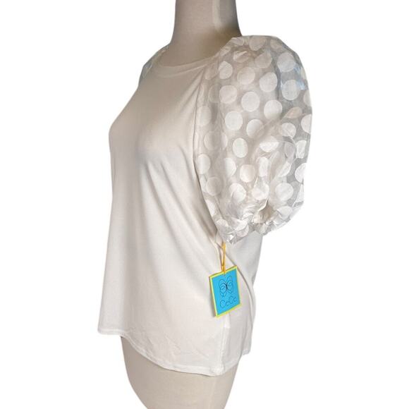 CeCe Mixed Media Round Neck Polka Dot Puff Short Sleeve Top Medium White NWT - Picture 3 of 10